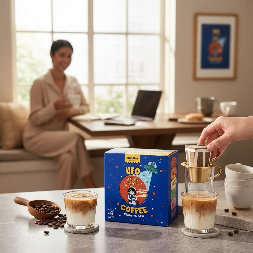 Lamora UFO Milky Way Coffee box with six single-serve drip sachets, shown with iced coffee and a brewing demonstration