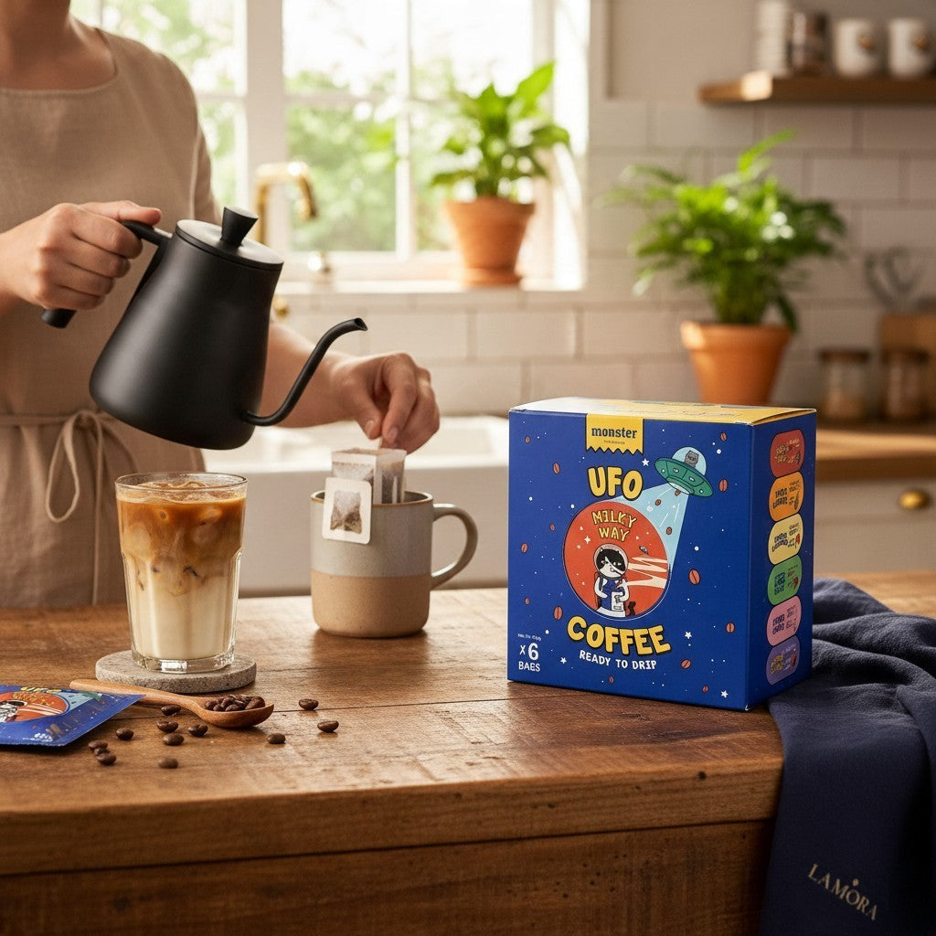 Lamora UFO Milky Way Coffee box with six drip sachets on a wooden table next to a person pouring hot water