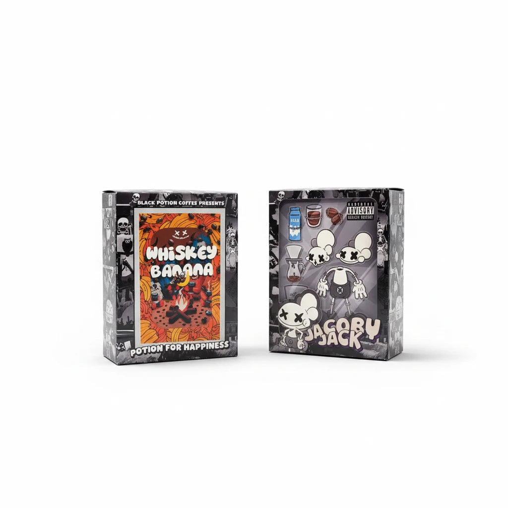 Lamora Whisky Banana drip bag coffee boxes featuring artistic black and white character illustrations