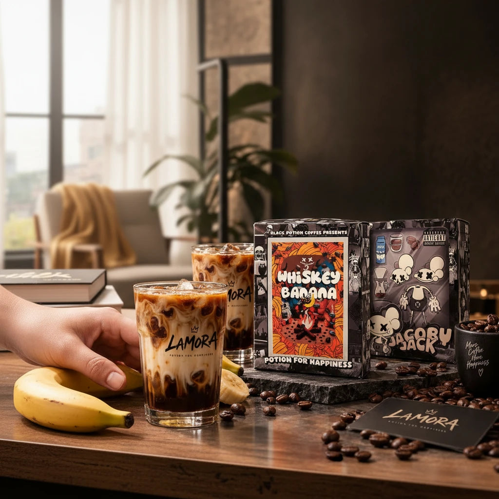 Lamora Whisky Banana drip bag coffee set with iced coffee in branded glasses, fresh banana, and illustrated packaging
