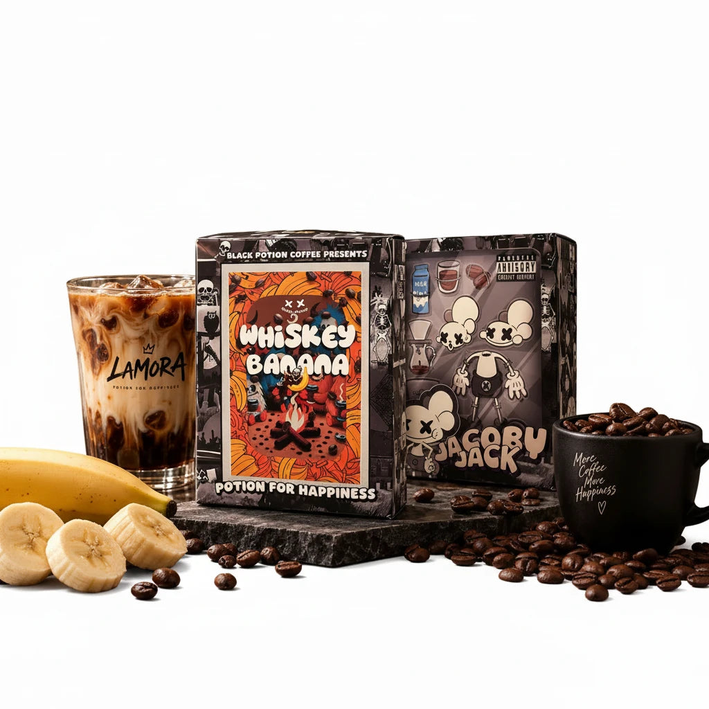 Lamora Whisky Banana drip coffee box with iced coffee, fresh banana slices, and roasted coffee beans on a stone slab