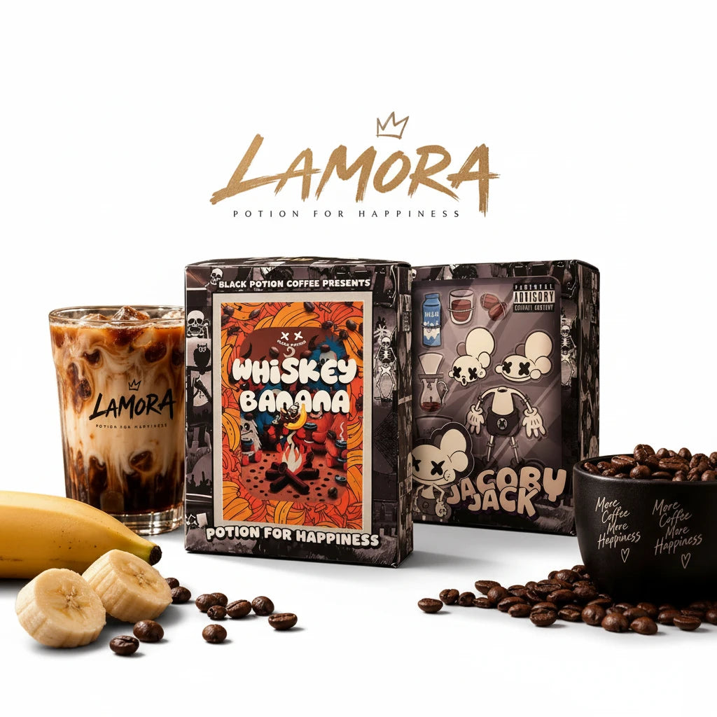 Lamora Whisky Banana drip coffee box set with iced coffee, fresh banana slices, and roasted coffee beans