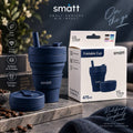 SMATT foldable silicone coffee cup in Navy, 475ml, with lid and straw