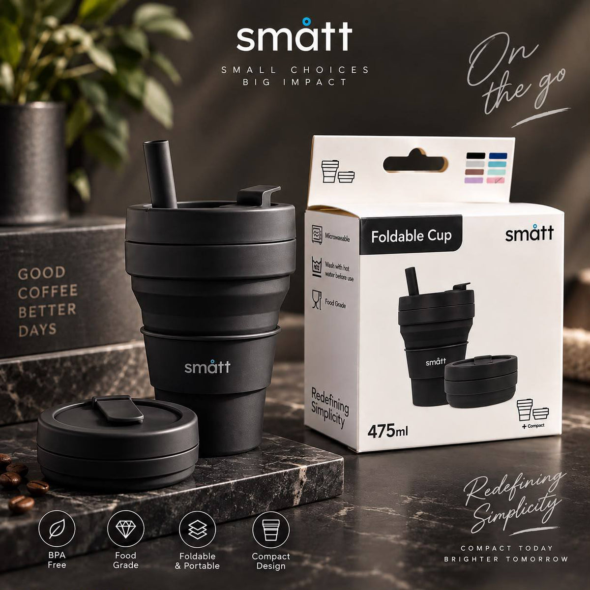 SMATT foldable silicone coffee cup in Black, 475ml, with lid and straw