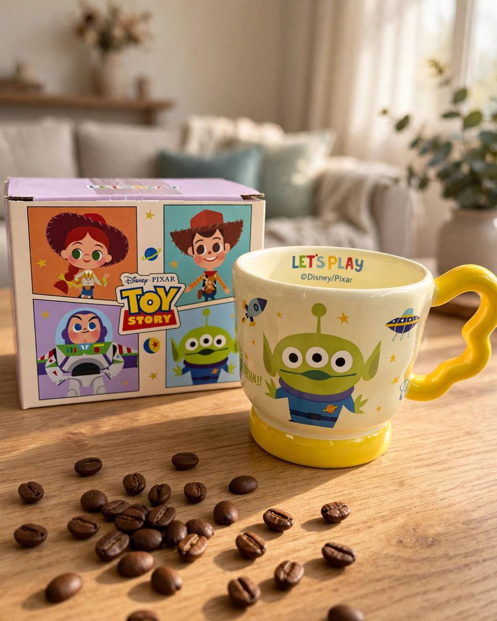 Disney Pixar Toy Story Alien Let's Play ceramic mug with yellow wavy handle and gift box