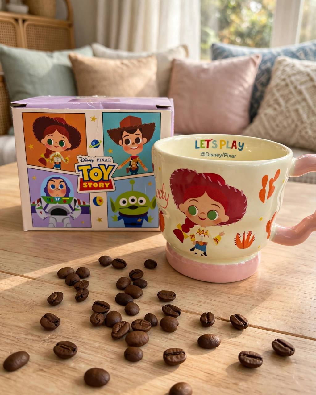 Disney Pixar Toy Story Jessie Let's Play ceramic mug with pink wavy handle and gift box