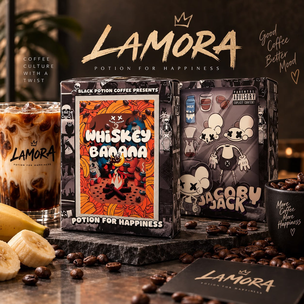 Lamora Whisky Banana drip coffee boxes with artistic packaging, fresh banana slices, and iced coffee on a table.