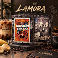 Lamora Whisky Banana drip coffee boxes with artistic packaging, fresh banana slices, and iced coffee on a table.